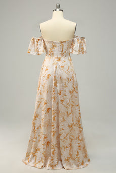 En linje av skulderen gul blomst trykt pluss størrelse brudepike kjole
