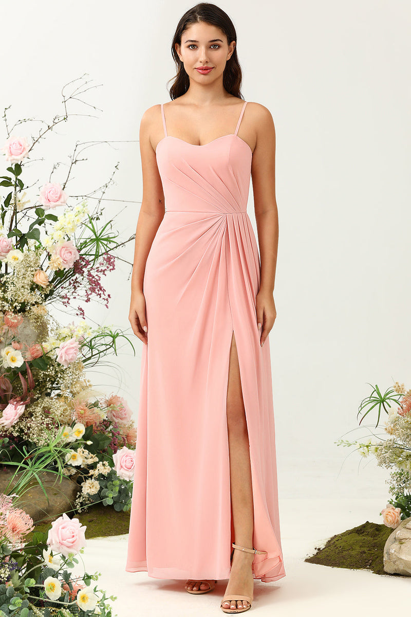 Load image into Gallery viewer, En linje Spaghetti stropper Blush Long brudepike kjole med delt front