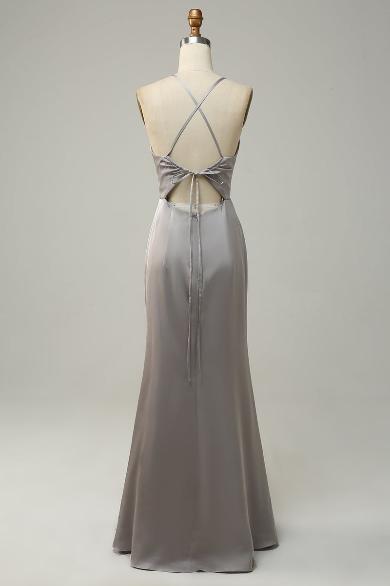 Load image into Gallery viewer, Havfrue Spaghetti stropper Grå Long Bridesmaid kjole med åpen rygg