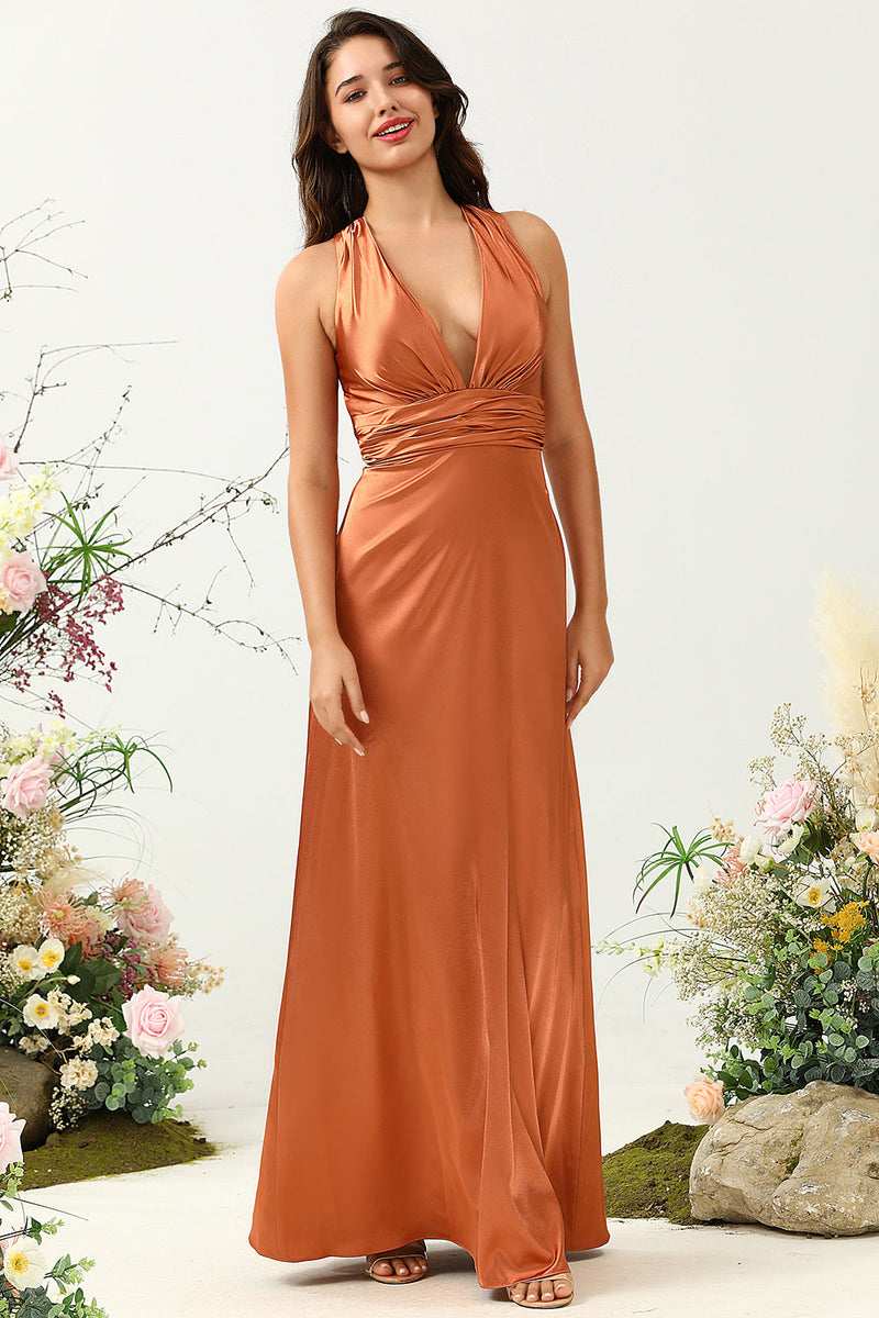 Load image into Gallery viewer, A Line Halter Neck Copper Long Bridesmaid Dress med Criss Cross Back