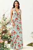 En linje Deep V Neck Green Trykt Long Bridesmaid Dress