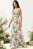 En linje Deep V Neck Green Trykt Long Bridesmaid Dress