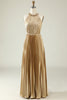 Load image into Gallery viewer, Halter Neck Golden Plissert Long Bridesmaid Dress