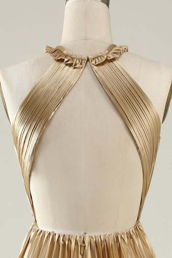 Halter Neck Golden Plissert Long Bridesmaid Dress