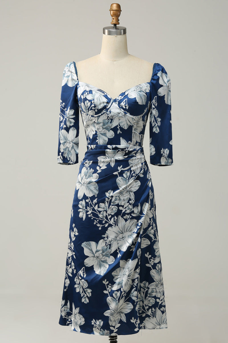 Load image into Gallery viewer, Blekk Blå Floral Tea-lengde brudepike kjole med ermer