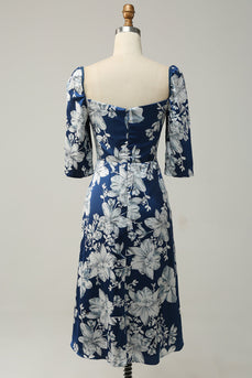 Blekk Blå Floral Tea-lengde brudepike kjole med ermer
