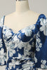 Load image into Gallery viewer, Blekk Blå Floral Tea-lengde brudepike kjole med ermer