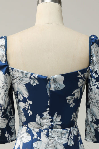 Blekk Blå Floral Tea-lengde brudepike kjole med ermer