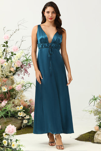 blekk blå sateng lang brudepike kjole