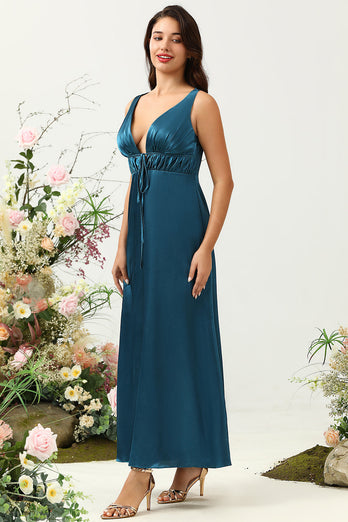 blekk blå sateng lang brudepike kjole