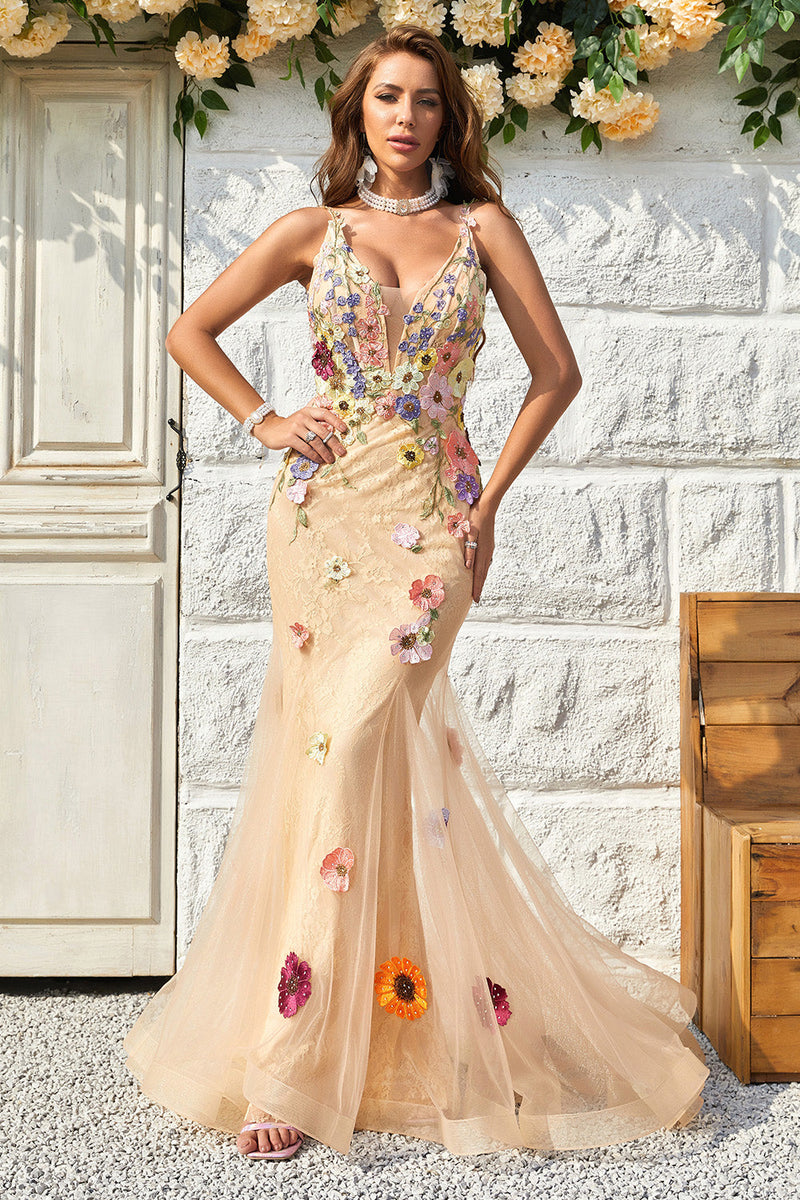 Load image into Gallery viewer, Mermaid Deep V Neck Champagne Long Prom Dress med Criss Cross Back