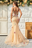 Mermaid Deep V Neck Champagne Long Prom Dress med Criss Cross Back