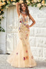 Load image into Gallery viewer, Mermaid Deep V Neck Champagne Long Prom Dress med Criss Cross Back