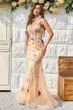 Mermaid Deep V Neck Champagne Long Prom Dress med Criss Cross Back