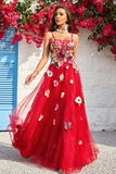 A Line Spaghetti stropper Burgunder Long Prom Dress med Appliques