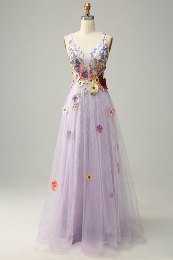 En linje Deep V Neck Lavender Long Prom Dress med Appliques