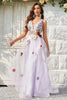 Load image into Gallery viewer, A Line Deep V Neck Lavender Long Prom Dress med åpen rygg
