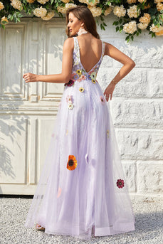 A Line Deep V Neck Lavender Long Prom Dress med åpen rygg