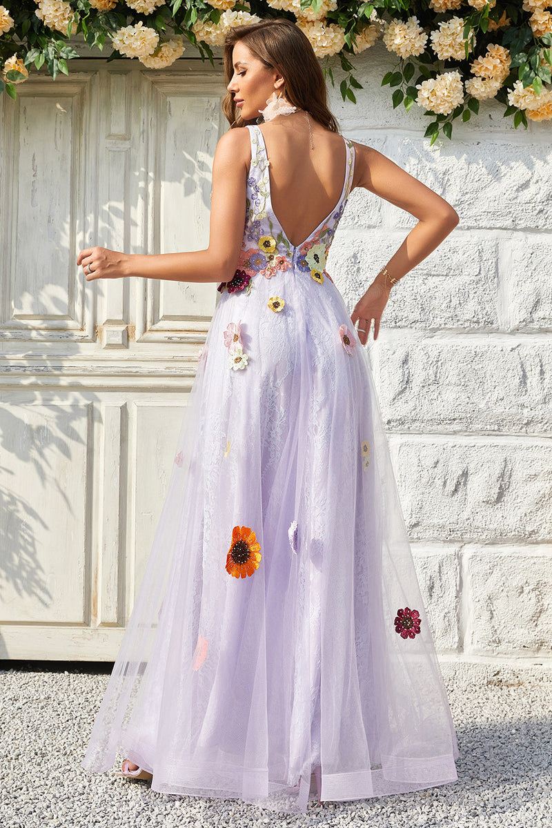 Load image into Gallery viewer, A Line Deep V Neck Lavender Long Prom Dress med åpen rygg