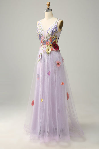 En linje Deep V Neck Lavender Long Prom Dress med Appliques