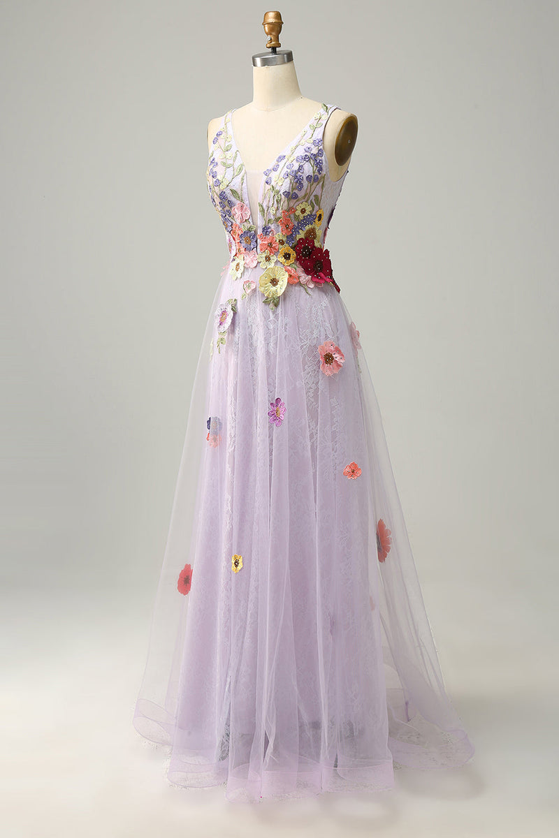 Load image into Gallery viewer, En linje Deep V Neck Lavender Long Prom Dress med Appliques