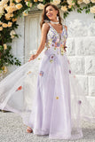 A Line Deep V Neck Lavender Long Prom Dress med åpen rygg