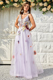 A Line Deep V Neck Lavender Long Prom Dress med åpen rygg