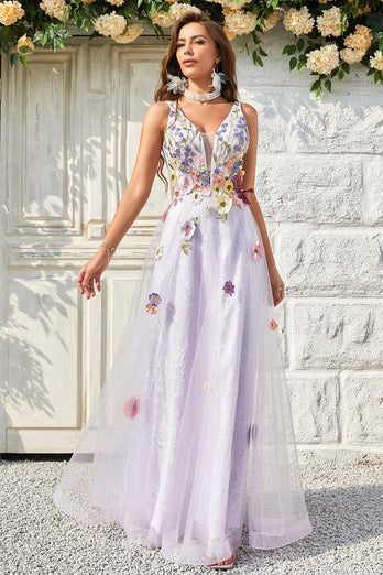 A Line Deep V Neck Lavender Long Prom Dress med åpen rygg