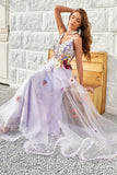 A Line Deep V Neck Lavender Long Prom Dress med åpen rygg