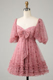 Lilla A-Line Puff Ermer Tyll Kort Homecoming Dress