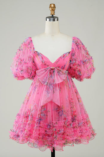 Hot Pink Printed Cute Homecoming Dress med sløyfe