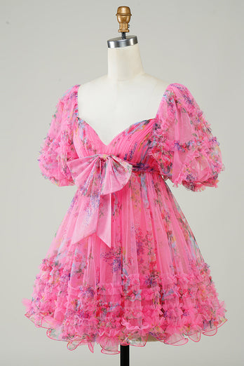 Hot Pink Printed Cute Homecoming Dress med sløyfe