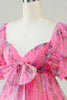 Load image into Gallery viewer, Hot Pink Printed Cute Homecoming Dress med sløyfe