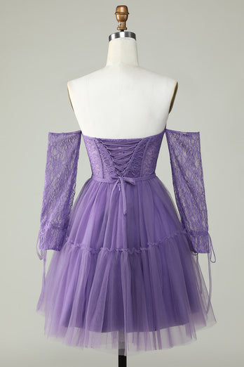 En linje av skulderen lilla korsett Homecoming kjole med lange ermer