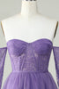 Load image into Gallery viewer, En linje av skulderen lilla korsett Homecoming kjole med lange ermer