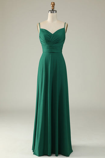 En linje spaghetti stropper mørkegrønn lang brudepike kjole