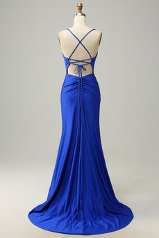 Havfrue Spaghetti stropper Royal Blue Long Prom kjole med perler