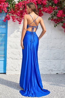 Mermaid Spaghetti stropper Royal Blue Long Prom kjole med delt front