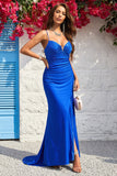 Mermaid Spaghetti stropper Royal Blue Long Prom kjole med delt front