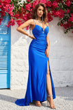 Mermaid Spaghetti stropper Royal Blue Long Prom kjole med delt front