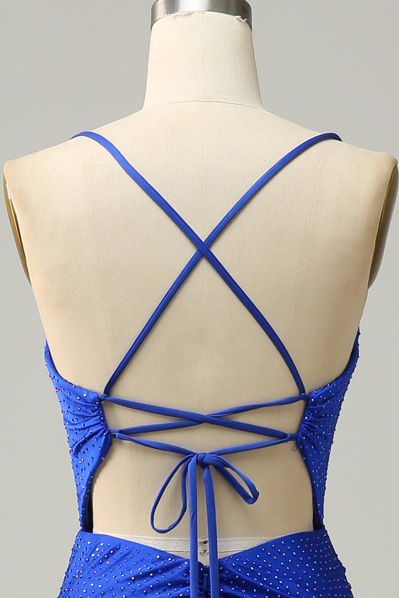 Load image into Gallery viewer, Havfrue Spaghetti stropper Royal Blue Long Prom kjole med perler
