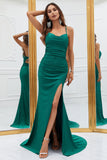 Mermaid Spaghetti stropper Dark Green Long Prom Kjole med Criss Cross Back