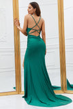 Mermaid Spaghetti stropper Dark Green Long Prom Kjole med Criss Cross Back