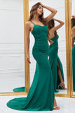 Mermaid Spaghetti stropper Dark Green Long Prom Kjole med Criss Cross Back