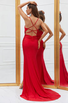 Havfrue Spaghetti stropper Red Long Prom kjole med Criss Cross Back