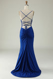 Mermaid Spaghetti stropper Royal Blue Plus Size Prom kjole med Criss Cross Back