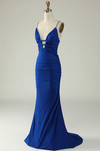 Mermaid Spaghetti stropper Royal Blue Plus Size Prom kjole med Criss Cross Back