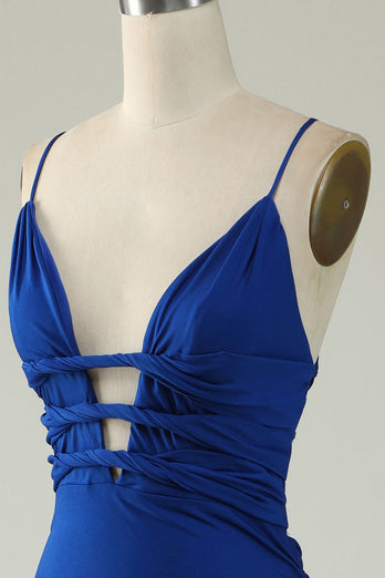 Mermaid Spaghetti stropper Royal Blue Plus Size Prom kjole med Criss Cross Back