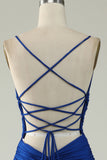 Mermaid Spaghetti stropper Royal Blue Plus Size Prom kjole med Criss Cross Back