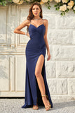 Havfrue Spaghetti stropper Navy Long Prom kjole med Criss Cross Back